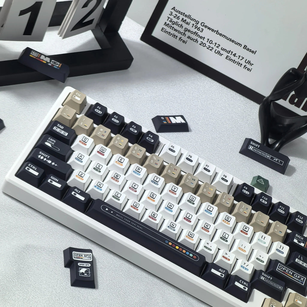 Korean Keycaps Maximalism Theme Keycap 135Keys Cherry Pbt Russian English Retro Keycap Black White Design  “L ”Shape Enter Key