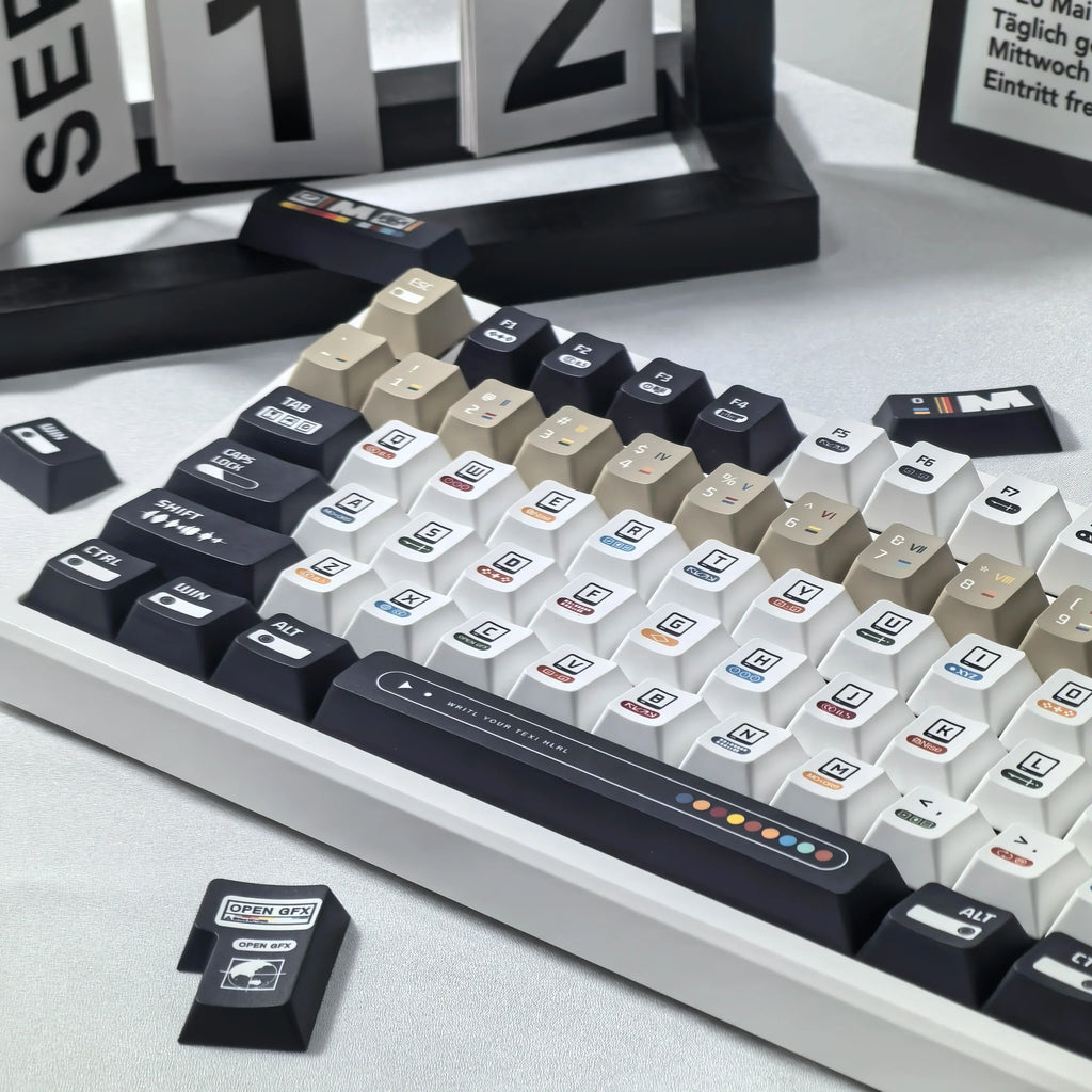 Korean Keycaps Maximalism Theme Keycap 135Keys Cherry Pbt Russian English Retro Keycap Black White Design  “L ”Shape Enter Key