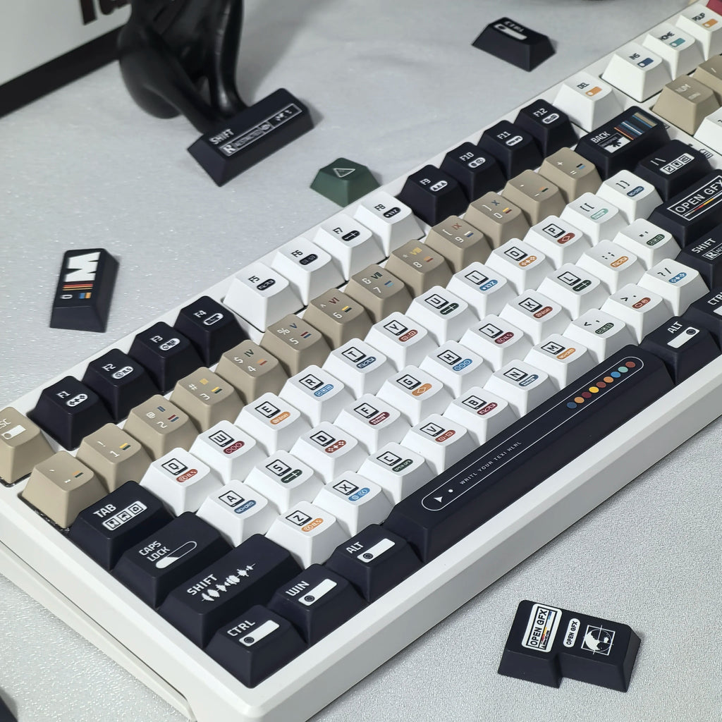 Korean Keycaps Maximalism Theme Keycap 135Keys Cherry Pbt Russian English Retro Keycap Black White Design  “L ”Shape Enter Key